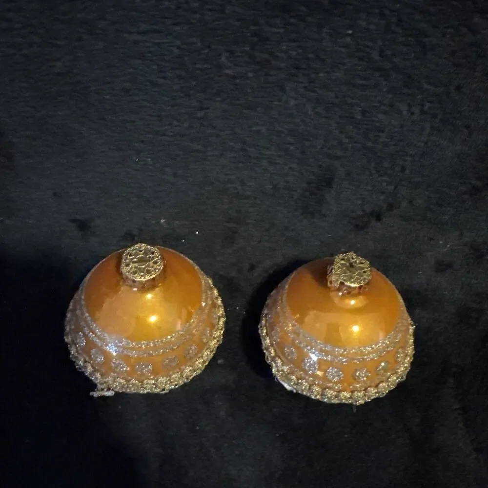 2 Vintage 50s Shiny Brite Gold Glitter Circles Ribbon Christmas Ornaments